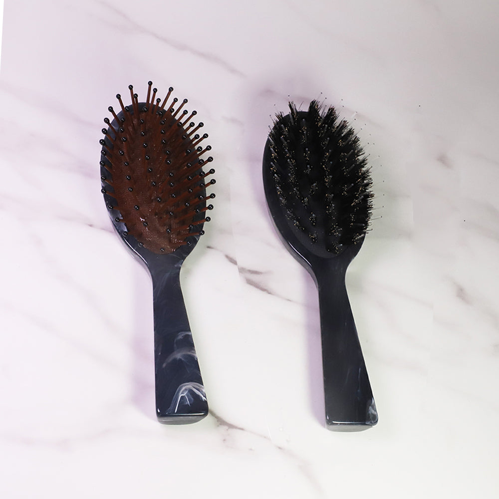 Small Paddle Oval Brush Detangling Black Marble Acetate Handle Hair Brush