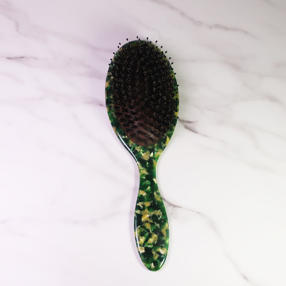 Green Color Curved Medium Smoothing Boar Bristles Detangling Hair Brush