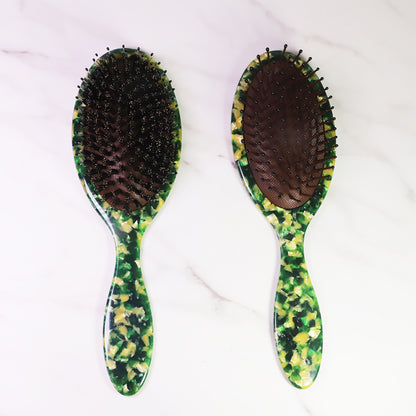 Green Color Curved Medium Smoothing Boar Bristles Detangling Hair Brush